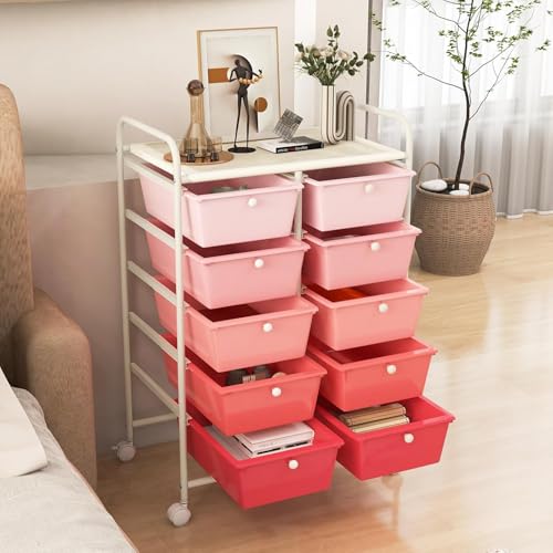 LDAILY 10 Drawer Rolling Cart, Storage Cart Organizer on Wheels, Drawer Cart with Metal Frame & Large Storage Capacity, Rolling Cart with Drawers for Living Room Classroom, Office - color: Gradient Pink, size: 10 Drawer