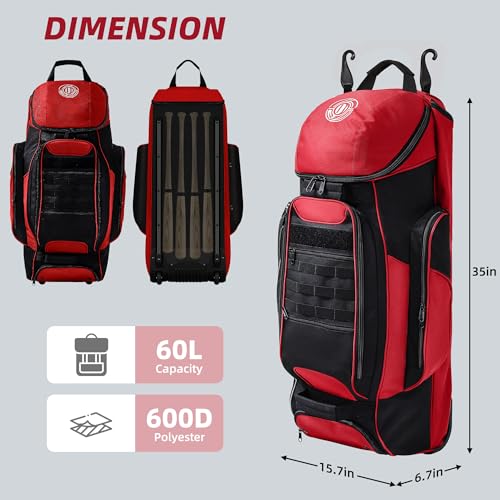 Shopsource Catchers Gear Bag with Wheels, Rolling Baseball Softball Bag with 4 Bat Sleeves, Fence-Hooks, Separate Shoe Compartments and Multi-Pockets, Sturdy Back Base Plate