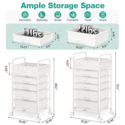 SYKIARIOL 4 Drawer Rolling Storage Cart with Pegboard Top and Hooks, White | Mobile Organizer Cart with Wheels for Office Supplies, Craft Storage, Classroom Organization, Home Utility Cart - color: White, size: 4-Drawers