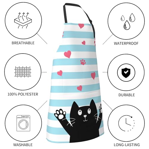 Art Apron with Pocket for Women Men | Kitchen Aprons Chef Apron for Cooking Baking BBQ Painting Gardening - color: Black Cat With Love Heart