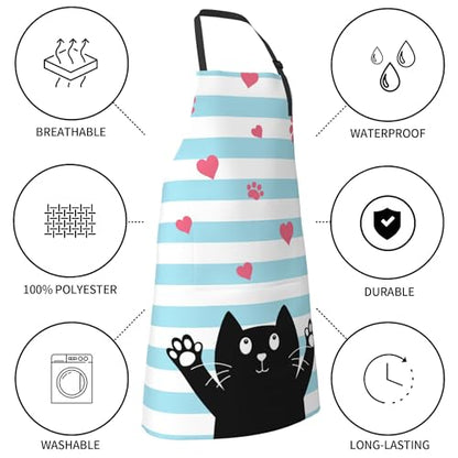 Art Apron with Pocket for Women Men | Kitchen Aprons Chef Apron for Cooking Baking BBQ Painting Gardening - color: Black Cat With Love Heart