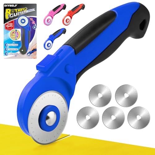 DIYSELF 45mm Rotary Cutter, Safety Lock Fabric Cutter with 5 Blades | Safety Lock, Fabric Cutter Rotary Tool for Quilting Cotton and Felt, Rolling Cutter for Fabric, Sewing, Quilting and Crafts - color: Blue