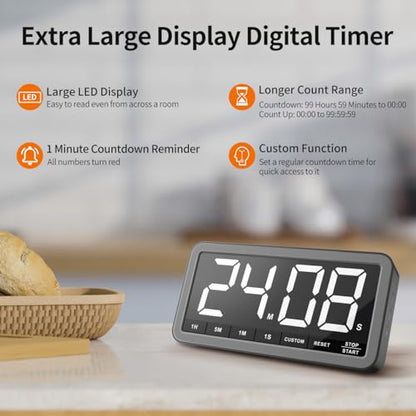 VOCOO Large 7.8" Digital Timer, Magnetic LED Timer for Kitchen & Classroom | USB-C Rechargeable, Up to 99 Hours Count Up & Countdown Timer with 3 Brightness Levels, 4 Alert Modes and 3 Volume Levels - color: Space Grey