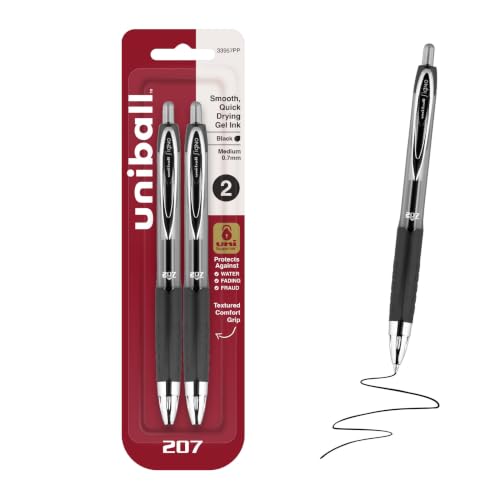 uniball™ 207 Gel Pens, Black Ink, 0.7mm Medium Point, Retractable, 2 Count | Smooth Writing, Fraud-Resistant, uni Super Ink™