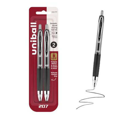 uniball™ 207 Gel Pens, Black Ink, 0.7mm Medium Point, Retractable, 2 Count | Smooth Writing, Fraud-Resistant, uni Super Ink™