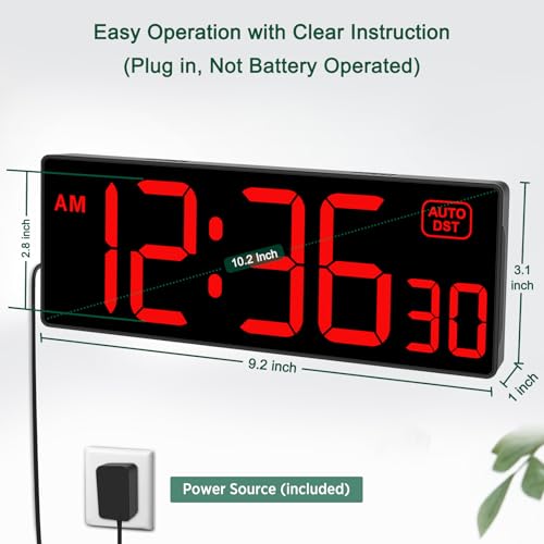 Soobest LED Digital Wall Clock with Seconds | Large Digital Clock Bold Numbers for Seniors, Plug Electric Clock Dimmable Large Display, Auto DST, Gym, 10 Inches - color: 10.2" Red