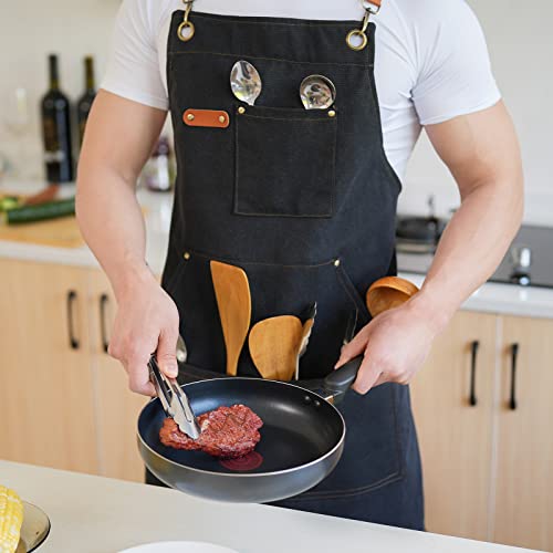 Aoomzoon Canvas Aprons for Men Chef Apron, Work Apron with Large Pockets - 16oz Heavy Duty Cross Back, BBQ, Cooking - color: Black②