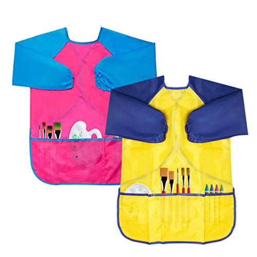 Kids Art Smocks 2 Pack Painting Smock with Long Sleeve and 3 Pockets for Age 3-8 - color: Yellow