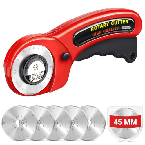 45mm Fabric Rotary Cutter with 5 Extra Blades, Ergonomic Handle | 45mm rotary cutter with five extra blades, ergonomic grip and safety lock for quilting, sewing, leather and crafts.