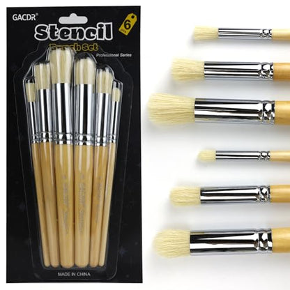 Stencil Brush Set, 6Pcs Natural Hog Bristle Stencil Brushes for Painting | stencil brushes with flat and dome hog bristles for stenciling, chalk paint, wax, wood signs, furniture, walls and DIY crafts