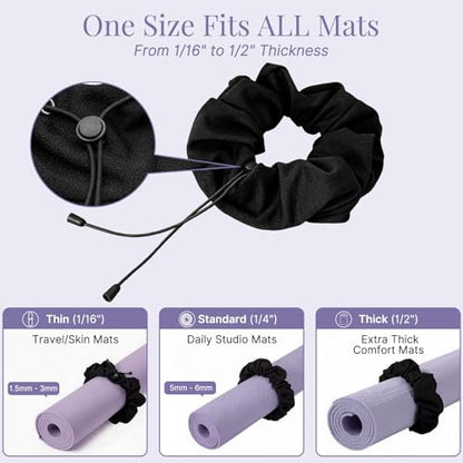 Aolamegs Adjustable Yoga Mat Scrunchie, 2-in-1 Mat Strap and Hair Tie, Fits All Standard & Extra Thick Yoga Mats - color: Black Adjustable Elastic Mat Scrunchie