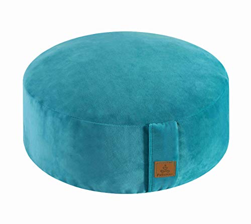 Round Velvet Meditation Pillow D=13"/16" H=5.5" Yoga Bolster Floor Pouf Zafu Buckwheat Meditation Cushion for Sitting on Floor,Removable Organic Cotton Cover Kneeling Pillow - color: Cyan Blue, size: 16"×16"