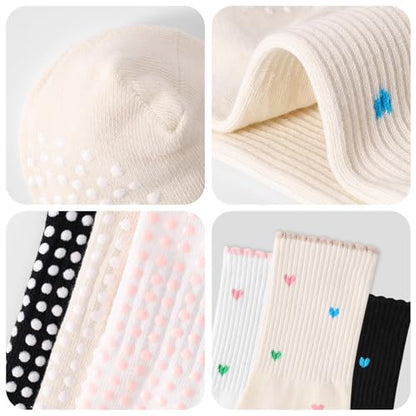 Women's Pilates Grip Socks, Ruffle Non Slip Bow Pattern Yoga Socks | Grippy, Frilly Trim, Embroidery, Crew Length, Soft Cotton, Arch Support, for Barre Ballet Dance Workout Hospital Home Gifts - color: D01-white + Black