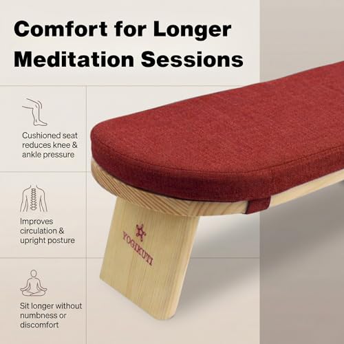 Yogikuti Folding Meditation Bench, Purple | Removable Cushion, Wooden Seiza Kneeling Stool, Ergonomic Meditation Seat, for Home & Yoga Studio, Comfortable Posture (Maroon) - color: Maroon