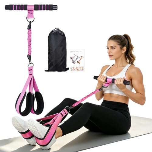 Resistance Bands with Bar Handle and Foot Straps, Home Gym Workout Exercise Band - color: Pink