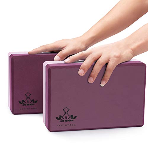 Heathyoga Yoga Blocks 2 Pack with Strap, High Density EVA Foam Yoga Block and Yoga Strap Set to Support and Improve Poses and Flexibility - color: Purple