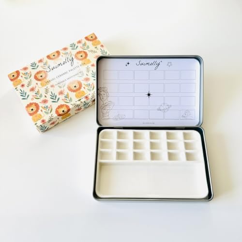 Watercolor Palette,Portable Travel Ceramic Palette,Small Travel Metal Paint Boxwith Porcelain Palette (18Well)