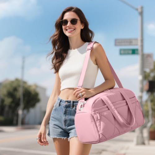 Women's Duffle Gym Bag, Carry-On Shoe Compartment for Weekender Overnight - color: Light pink, size: Medium