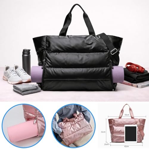 Large Puffer Tote Bag for Women, Quilted Gym Bag with Yoga Mat Holder, Travel Duffle, Waterproof Carry on Weekender Bag (black) - color: black