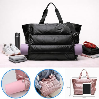 Large Puffer Tote Bag for Women, Quilted Gym Bag with Yoga Mat Holder, Travel Duffle, Waterproof Carry on Weekender Bag (pink) - color: pink