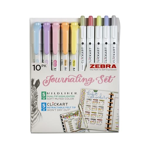 Zebra Pen Journaling Set, MILDLINER & CLiCKART, Assorted Colors, 10-Pack | Includes 5 MILDLINER Highlighters & 5 CLiCKART Felt Tip Pens, Ideal for Bible Study, Note-Taking & Bullet Journaling (14010) - style: Premium Journaling Set 12 Pack