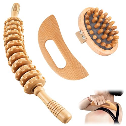 KintKita Wood Therapy Massage Tools 3 in 1,Wooden Lymphatic Drainage Massager, Body Sculpting Tools Cellulite Massager for Maderoterapia, Body Contouring, Relief Muscle, Anti-Cellulite