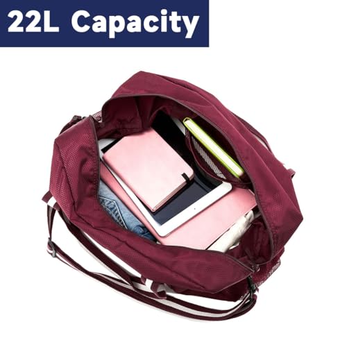 Arxus Carry On Travel Bag, Lightweight Foldable Packable Tote Bag 25L - color: Wine Red
