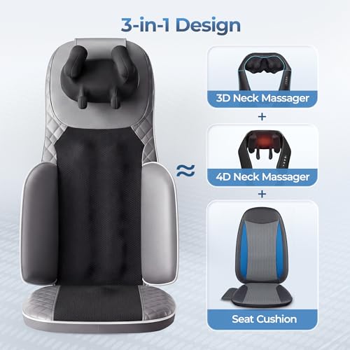 Massage Chair Pad, 3-in-1 Shiatsu Neck and Back Massager Cushion with Heat, Adjustable Height & Intensity, Full Body Massage Pad for Recliner and Sofa, Fathers Day Dad Gifts - color: Grey