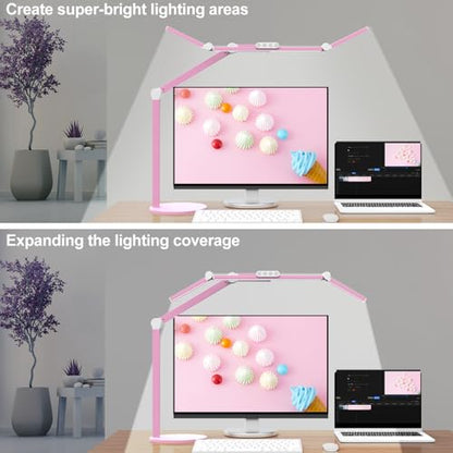 Led Desk Lamp with Base, Adjustable Tall Architect Desk Light for Home Office with Flexible Swing Arm, 24W Pink Bright Table Lamp Auto Dimming Computer Light for Workbench - color: Pink