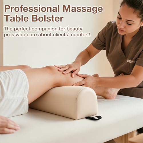 3/4 Round Knee Bolster for Massage Table, 26x6x6 in Massage Pillow for Legs | PU Leather Massage Table Leg Bolster with Strap Handle, Massage Therapy Bolster Pillow for Back Pain Relief - Beige - color: 3/4 Round - Beige