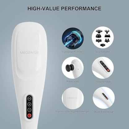 MEGAWISE Cordless Handheld Back Massager w/Rechargeable 3200mAh Battery, 5 Speed and 5 +2 Massage Nodes with Hard, Medium and 2 Soft Silicone Nodes; Massage While Moving Around (Pearl White) - color: Pearl White