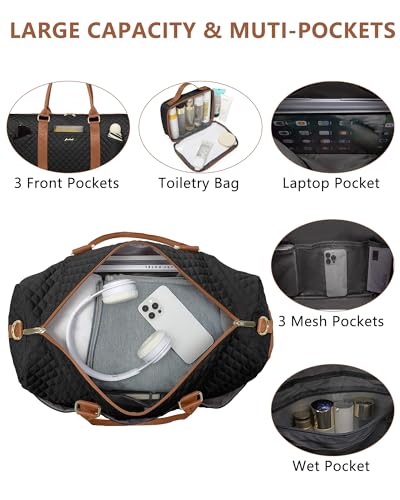 Women Weekender Travel Duffle Bag: Travel Duffel Overnight Bags with Shoe Compartment Large Carry on Tote with Toiletry Bag Weekend Traveling Yoga Gym Hospital Bag for Women with Wet Pocket - color: 09-Black Brown, size: Large