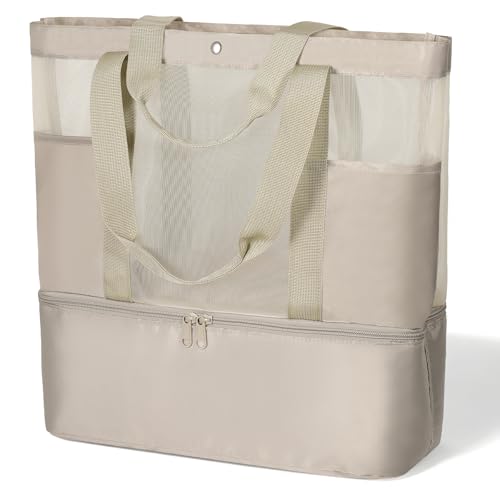 Mesh Tote Beach Bag with Leakproof Wet Compartment - color: Khaki
