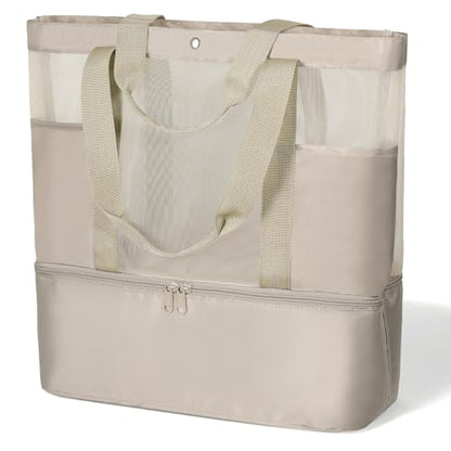 Mesh Tote Beach Bag with Leakproof Wet Compartment - color: Khaki