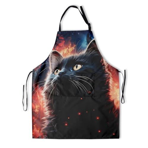 Art Apron with Pocket for Women Men | Kitchen Aprons Chef Apron for Cooking Baking BBQ Painting Gardening - color: Black Cat Art