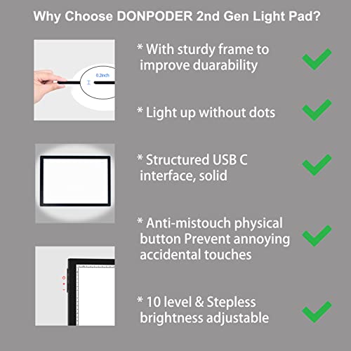 DONPODER A3 Light Pad,LED Light Board for Diamond Painting,Tracing&Drawing | 5500 Lux Bright Light,10 Brightness Levels,9-Level Adjustable Stand,Side Buttons Prevent Accidental Touches,USB-C Connection - size: A3-1color-with stand