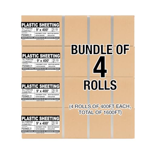 Aluf Plastics Sheeting - 4 Rolls of 7.8 Micron Clear All Purpose Vapor and Moisture Barrier Sheet Tarp/Drop Cloth - 9' x 400' - for Painting, Furniture, Carpet, Contractor, & Construction - color: Clear, style: 9ft x 400ft Sheeting, .31 Mil, 4 Count
