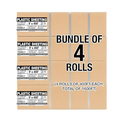 Aluf Plastics Sheeting - 4 Rolls of 7.8 Micron Clear All Purpose Vapor and Moisture Barrier Sheet Tarp/Drop Cloth - 9' x 400' - for Painting, Furniture, Carpet, Contractor, & Construction - color: Clear, style: 9ft x 400ft Sheeting, .31 Mil, 4 Count