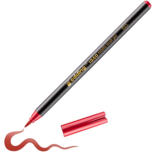 edding 1340 Metallic Brush Pen - red Metallic - 1 Pen - Flexible Brush Nib 1-6 mm - Metallic Marker for Lettering, Drawing and Sketching - high opcaity Even on Darker Paper