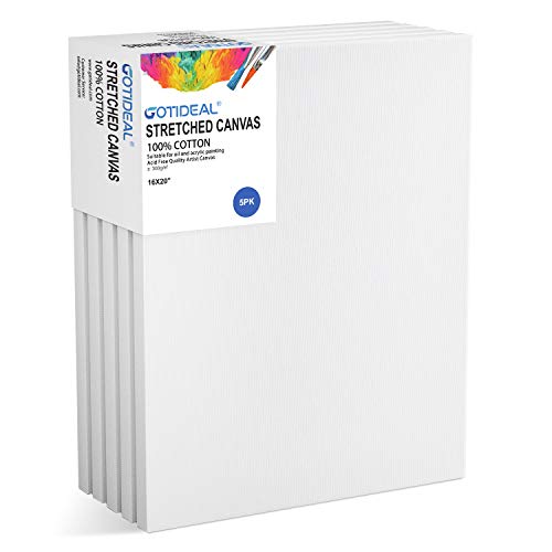 GOTIDEAL Stretched Canvas, 16x20 Inch Set of 5, Primed White | 100% Cotton Artist Canvas Boards for Painting, Acrylic Pouring, Oil Paint Dry & Wet Art Media - color: White, size: 16"x20"