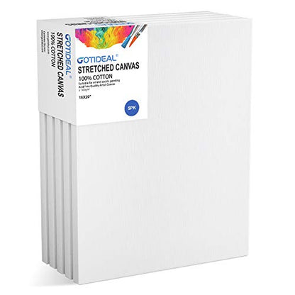 GOTIDEAL Stretched Canvas, 16x20 Inch Set of 5, Primed White | 100% Cotton Artist Canvas Boards for Painting, Acrylic Pouring, Oil Paint Dry & Wet Art Media - color: White, size: 16"x20"