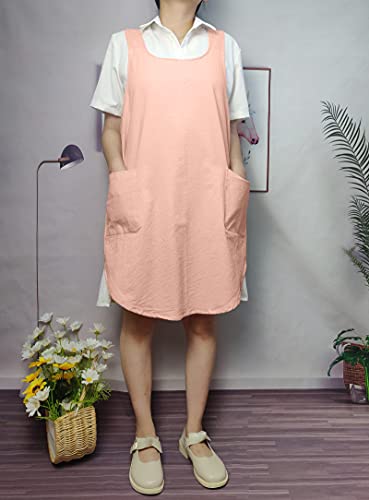 Cotton Cross Back Aprons Solid Color Cooking Kitchen Garden Smock for Women Girls with Pockets - color: Pink