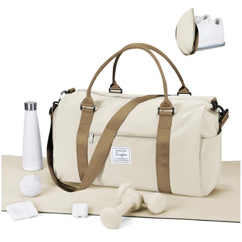 Gym Bag for Women Men with Shoes Compartment,Sports Duffle Bag Personal item travel Duffel Bags Tote Bag Small Carry on Weekender Overnight Bag Workout Dance Bag Hospital Holdalls Beige Brown - color: A19-Beige Brown