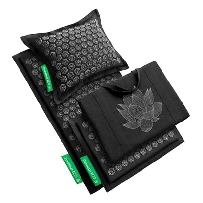 Pranamat Acupressure Large & Small Mat with Pillow and Bag Set, Premium Acupressure Therapy for Pain Relief and Relaxation, Handcrafted in Europe with Sustainable and Natural Materials (Obsidian) - color: Obsidian