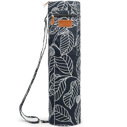 Yoga Mat Bag for Women & Men, Full-Zip Canvas Pilates Bag with Pockets - color: Navy Blue Leaf