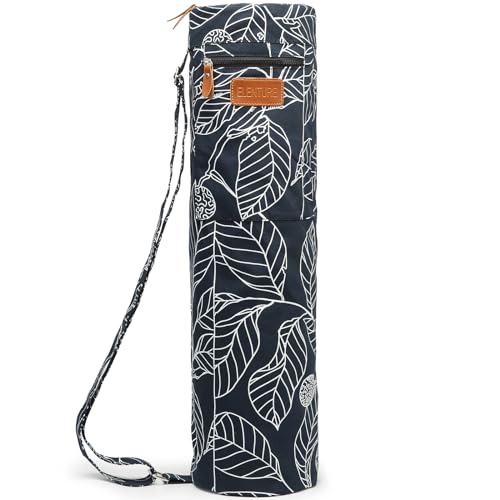 Yoga Mat Bag for Women & Men, Full-Zip Canvas Pilates Bag with Pockets - color: Navy Blue Leaf
