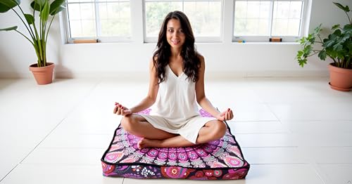 INDIAN CRAFT CASTLE 24" Pink Peacock Mandala Barmeri Large Floor Pillow Cover Cushion Meditation Seating Ottoman Throw Cover Hippie Decorative Zipped Bohemian Pouf Ottoman Pom Pom Cases 24" Square - color: Pink, style: 24 Inch Square