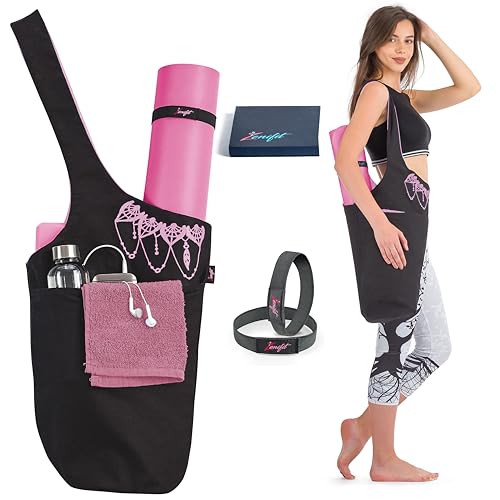 Yoga Mat Bag & Carrier with Pockets for Women | Holds yoga & pilates mats up to 72 in, Fits thick mats, Water bottle & zip pockets, 2 mat straps included, Gift-boxed - color: Black & Pink