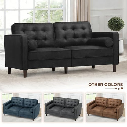 67" Suede Leather 2 Seater Sofa with Two Bolster Pillows, Black - color: Black, size: 67" Loveseat