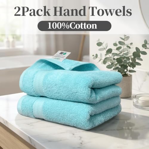 VOOVA & MOVAS Aqua Green Hand Towels 2 Pack, 100% Cotton, 13x29 in | Lightweight, Absorbent & Quick Dry, Fade Resistant, Built-in Hanging Loop, Gentle on Skin - color: Aqua